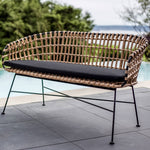 Load image into Gallery viewer,  Calabria Bench by Style In Form. Shown in Natural / Black. Front view of bench on pool deck with pool and ocean in the background. Shop vintage &amp; new home décor, lighting &amp; home furnishings as well as novelty gifts &amp; pet accessories online at blueigloo.ca 
