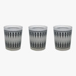 Load image into Gallery viewer, Damask Frosted Tea Light Holder-Set 3. A set of three frosted glass tea light holders with a black damask pattern. Shown in a straight line left to right with an inch between each holder on a white background. Shop tea light holders, decor, and decorative objects online at blueigloo.ca.
