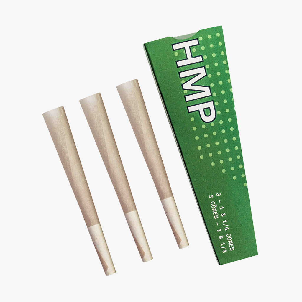 HMP Organic Hemp Pre-rolled Cones-3 pk. Single product package with 3 cones, unfilled shown. Size: 1/14. Shop smoking accessories & rolling papers online at blueigloo.ca