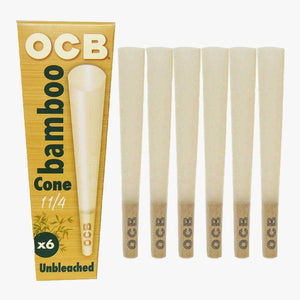 OCB Bamboo Unbleached Pre-rolled Cone-6 pk. Single product package and 6 cones, unfilled shown. Size: 1/14. Shop smoking accessories & rolling papers online at blueigloo.ca