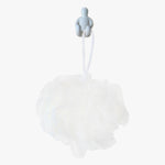 Load image into Gallery viewer, Resin Figure Hook, White. Front view showing hook with a white exfoliating loofah sponge hanging on it. A suction hook shaped like a person sitting with their arms resting on the top of their thighs. Legs are extended straight out in front of them. Shop suction hooks and other bath accessories at blueigloo.ca
