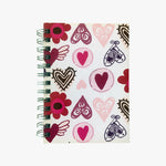 Load image into Gallery viewer, 5x7  Spiral Hearts Journal. Top view of cover shown. Varied, stylized, drawings of hearts and flowers in pinks on an off white background. Shop a selection of notebooks &amp; journals at blueigloo.ca 
