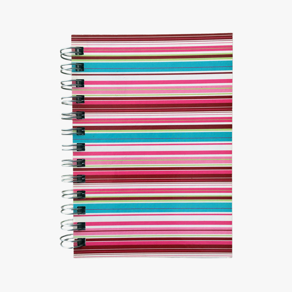 5x7 Spiral Ribbon Journal. Top view of cover shown. Multicoloured horizontal lines of varied widths. Shop a selection of notebooks & journals at blueigloo.ca