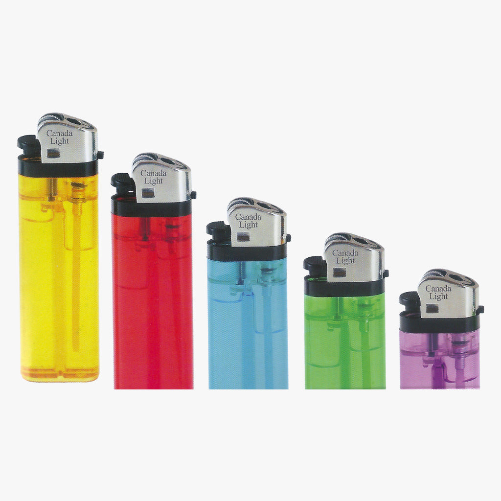Canada Light Disposable Lighter. Orange, red, blue, green, purple shown arranged descending from left to right on a white background. Shop lighters, pre-rolled cones, and smoking accessories online at blueigloo.ca 