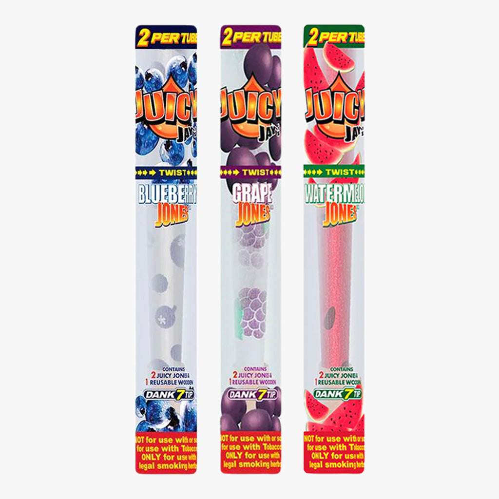 Juicy Jay's Pre-rolled Cones-2 pk, Blueberry, Grape, Watermelon. Front view of tube packaging for each flavour shown. The tube is clear with Juicy Jay's logo at the top with either blueberries, grapes, or watermelons in the background. Shop rolling papers, pre-rolled cones and smoking accessories at blueigloo.ca