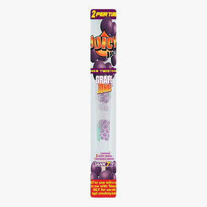 Juicy Jay's Pre-rolled Cones-2 pk, Grape. Front view of tube packaging, the tube is clear with Juicy Jay's logo at the top with grapes in the background. Shop rolling papers, pre-rolled cones and smoking accessories at blueigloo.ca  