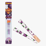 Load image into Gallery viewer, Juicy Jay&#39;s Pre-rolled Cones-2 pk, Grape. Front view of tube packaging, the tube is clear with Juicy Jay&#39;s logo at the top with grapes in the background with 2 pre-rolled cones with cartoon grapes printed randomly on the white paper and the Dank 7 tip shown beside the tube packaging. Shop rolling papers, pre-rolled cones and smoking accessories at blueigloo.ca
