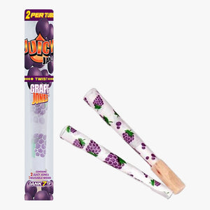 Juicy Jay's Pre-rolled Cones-2 pk, Grape. Front view of tube packaging, the tube is clear with Juicy Jay's logo at the top with grapes in the background with 2 pre-rolled cones with cartoon grapes printed randomly on the white paper and the Dank 7 tip shown beside the tube packaging. Shop rolling papers, pre-rolled cones and smoking accessories at blueigloo.ca
