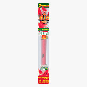 Juicy Jay's Pre-rolled Cones-2 pk, Watermelon. Front view of tube packaging, the tube is clear with Juicy Jay's logo at the top with watermelons in the background. Shop rolling papers, pre-rolled cones and smoking accessories at blueigloo.ca