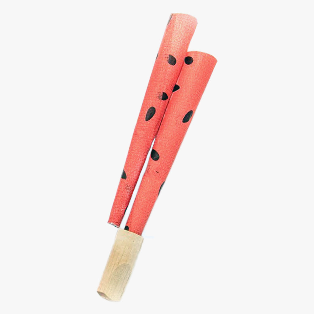 Juicy Jay's Pre-rolled Cones-2 pk, Watermelon. Shown two pre-rolled cones with watermelon seeds printed randomly on the red paper with the Dank 7 tip inserted onto one of the pre-rolled cone ends. Shop rolling papers, pre-rolled cones and smoking accessories at blueigloo.ca