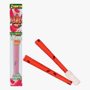 Juicy Jay's Pre-rolled Cones-2 pk, Watermelon. Front view of tube packaging, the tube is clear with Juicy Jay's logo at the top with watermelons in the background with 2 pre-rolled cones with watermelon seeds printed randomly on the red paper and the Dank 7 tip shown beside the tube packaging. Shop rolling papers, pre-rolled cones and smoking accessories at blueigloo.ca