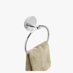 Castino Towel Ring by UMBRA. Towel ring mounted with beige hand towel (not included) on ring. Shown in chrome. Shop vintage & new home décor, lighting & home furnishings as well as novelty gifts & pet accessories online at blueigloo.ca