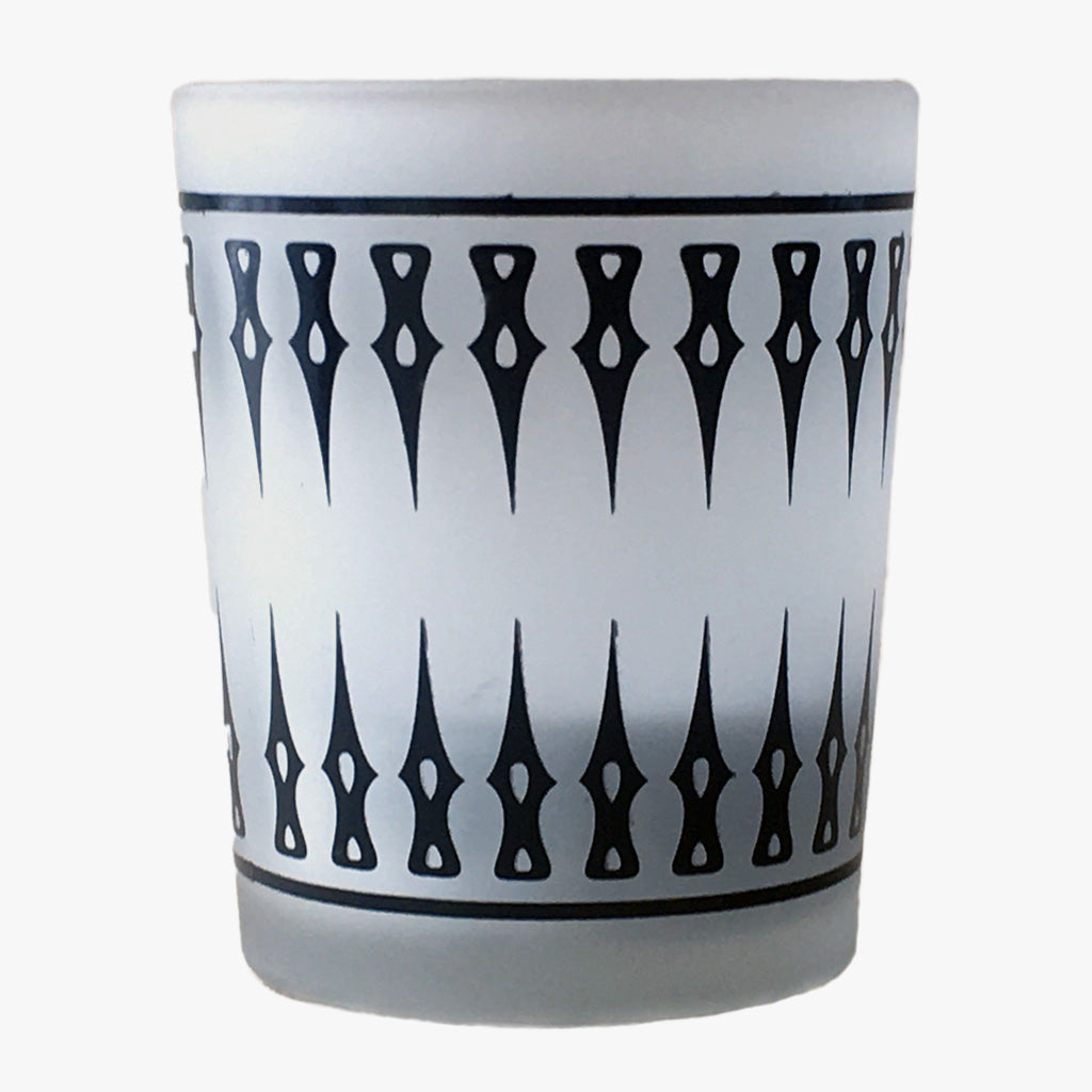 Damask Frosted Tea Light Holder-Set 3. A single frosted glass tea light holders with a black damask pattern on a white background. Shop tea light holders, decor, and decorative objects online at blueigloo.ca.