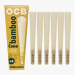 Load image into Gallery viewer, OCB Bamboo Unbleached Pre-rolled Cone-6 pk. Single product package and 6 cones, unfilled shown. Size: 1/14. Shop smoking accessories &amp; rolling papers online at blueigloo.ca
