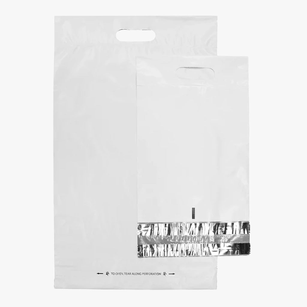 Poly Courier Mailer Bag With Handle, White. A large poly mailer bag shown with a smaller bag overlapping the right side of the larger bag. The smaller bag is showing the double self seal strip. Shop shipping supplies at wholesale pricing in small bulk quantities at blueigloo.ca
