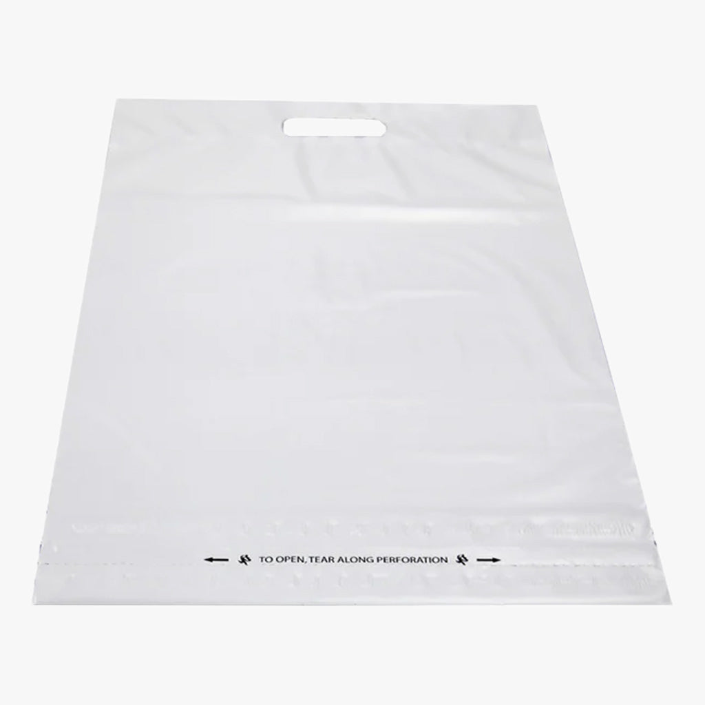 Poly Courier Mailer Bag With Handle, White. Single poly mailer bag shown. Shop shipping supplies at wholesale pricing in small bulk quantities at blueigloo.ca