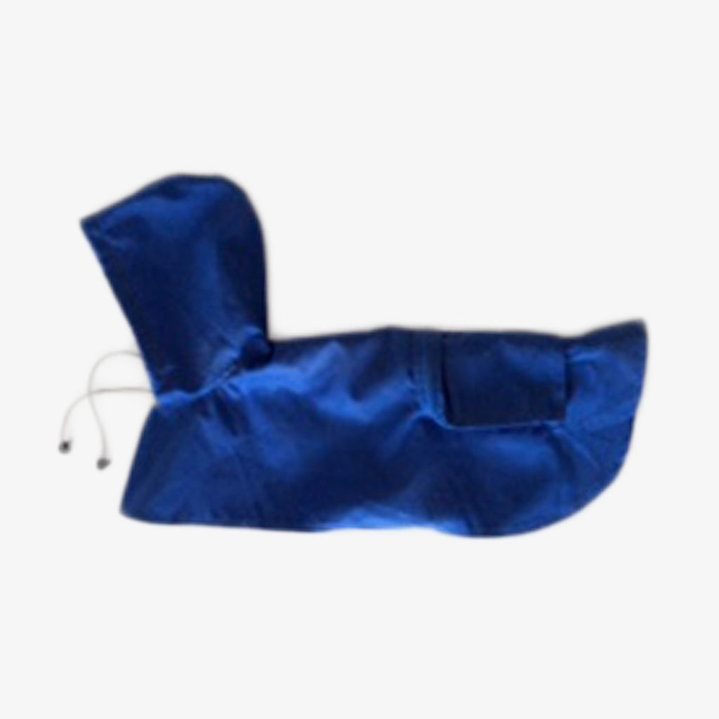 Rain Dog Jacket, Blue. Top view showing jacket folded in half lengthwise on an off white back ground. Shop vintage & new home décor, lighting & home furnishings as well as novelty gifts & pet accessories online at blueigloo.ca
