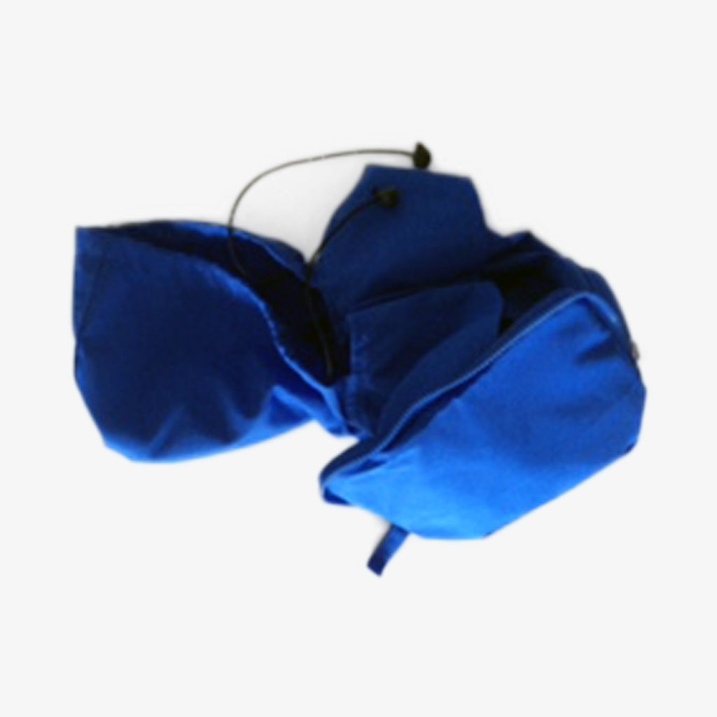 Rain Dog Jacket, Blue. Top view showing jacket partially folded into pouch on an off white back ground. Shop vintage & new home décor, lighting & home furnishings as well as novelty gifts & pet accessories online at blueigloo.ca